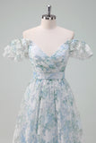 Light Blue Flower Printed A-Line Cap Sleeves Long Prom Dress