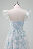 Light Blue Flower Printed A-Line Cap Sleeves Long Prom Dress