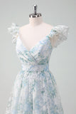 Light Blue Flower Printed A-Line Cap Sleeves Long Prom Dress