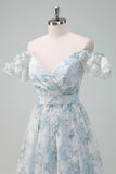 Light Blue Flower Printed A-Line Cap Sleeves Long Prom Dress