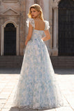 Light Blue A-Line Printed Floral V-Neck Long Prom Dress