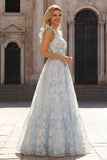 Light Blue A-Line Printed Floral V-Neck Long Prom Dress