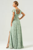 Dusty Sage Square Neck Floral Print Chiffon Long Bridesmaid Dress with Slit