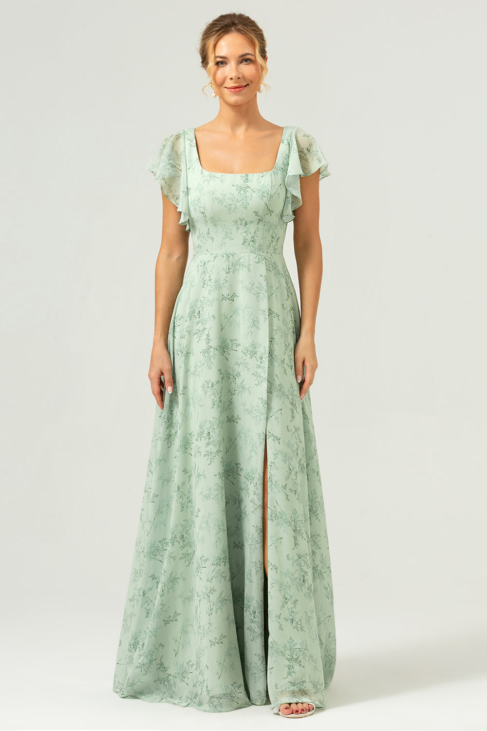 sage green printed bridesmaid dresses Leely Women Sage Green Floral Flowy Bridesmaid Dress with Slit A Line Off the Shoulder Print Long Wedding Party Dress