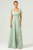 Dusty Sage Square Neck Floral Print Chiffon Long Bridesmaid Dress with Slit