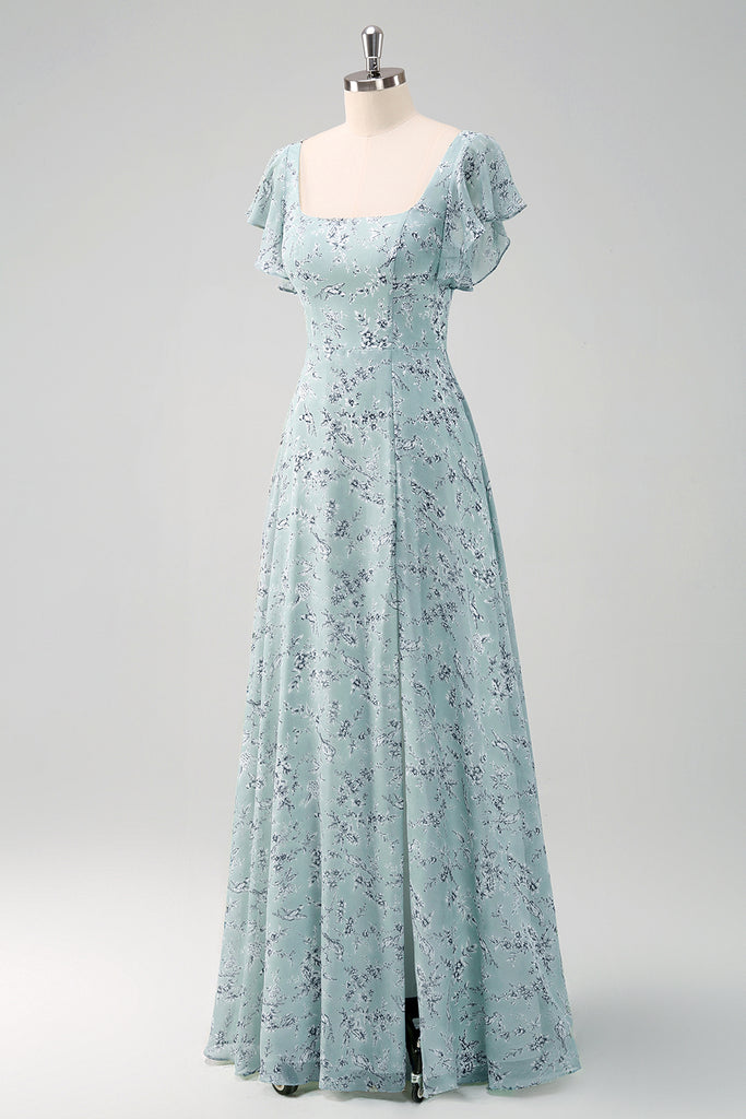 Grey Green Printed Floral Bridesmaid Dress with Slit