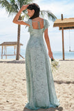 Dusty Sage Square Neck Floral Print Chiffon Long Bridesmaid Dress with Slit