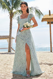 Dusty Sage Square Neck Floral Print Chiffon Long Bridesmaid Dress with Slit