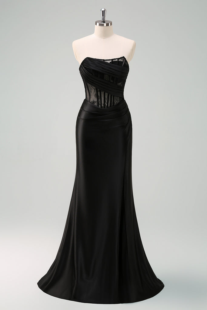 Vintage Gothic Black Satin Prom Dress, Strapless Mermaid Maxi Gown with Ruched Detail