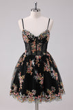 Sparkly Black A-Line Floral Short Homecoming Dress