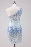 Sparkly Light Blue One Shoulder Sequins Bodycon Short Homecoming Dress