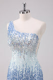 Sparkly Light Blue One Shoulder Sequins Bodycon Short Homecoming Dress