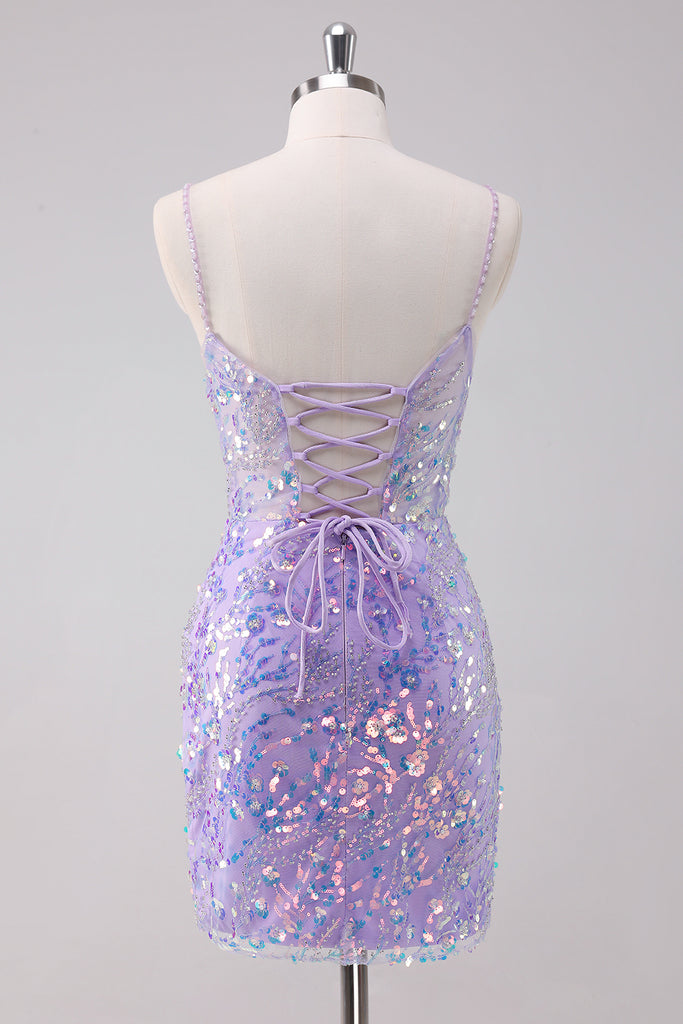 Zapaka Women Sparkly Purple Tight Homecoming Dress Spaghetti Straps