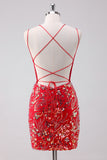 Glitter Red Spaghetti Straps Sequins Bodycon Short Homecoming Dress