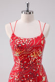 Glitter Red Spaghetti Straps Sequins Bodycon Short Homecoming Dress