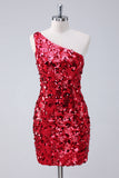 Sparkly Red One Shoulder Tight Short Homecoming Dress with Sequins