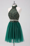 Sparkly A-Line Dark Green Halter Short Homecoming Dress with Sequins