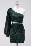 Sparkly Dark Green One Shoulder Tight Short Homecoming Dress with Tassels