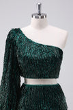 Sparkly Dark Green One Shoulder Tight Short Homecoming Dress with Tassels