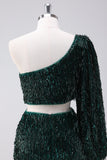 Sparkly Dark Green One Shoulder Tight Short Homecoming Dress with Tassels