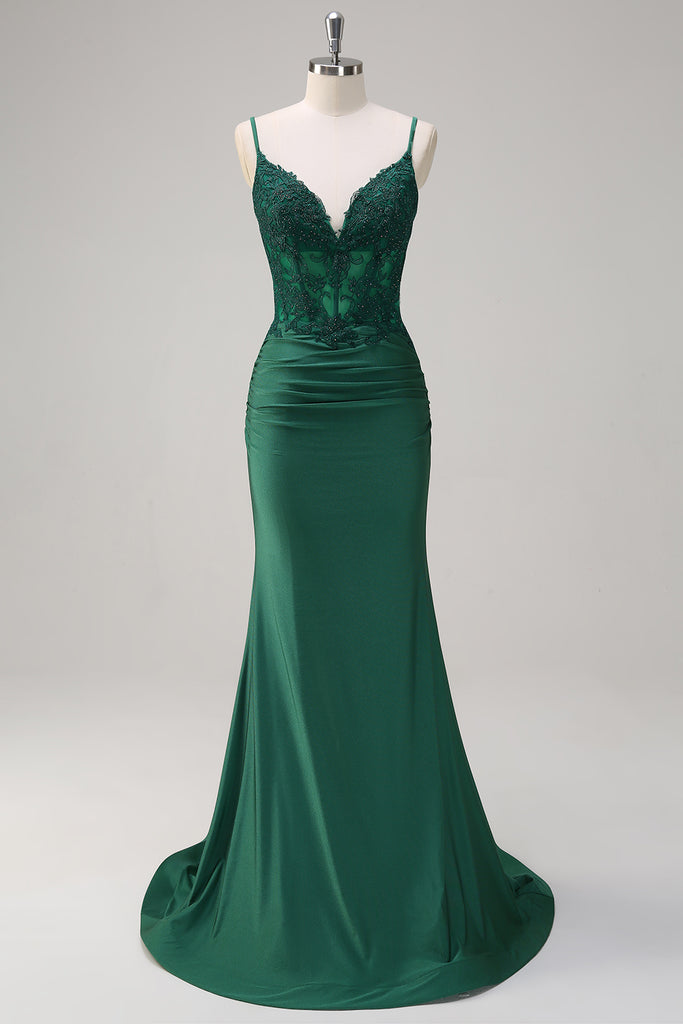 Dark Green Satin with Lace Long Party Dress, Green Straps Prom Dress