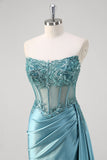 Grey Blue Mermaid Strapless Corset Sequined Satin Prom Dress