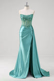 Teal Blue Mermaid Strapless Corset Sequined Satin Prom Dress