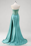 Teal Blue Mermaid Strapless Corset Sequined Satin Prom Dress