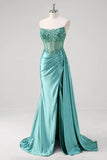 Teal Blue Mermaid Strapless Corset Sequined Satin Prom Dress