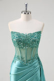 Teal Blue Mermaid Strapless Corset Sequined Satin Prom Dress
