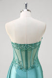 Teal Blue Mermaid Strapless Corset Sequined Satin Prom Dress