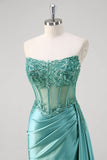 Teal Blue Mermaid Strapless Corset Sequined Satin Prom Dress