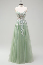 Sage A-Line Spaghetti Straps Tulle Long Prom Dress with Appliques