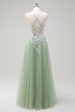 Sage A-Line Spaghetti Straps Tulle Long Prom Dress with Appliques