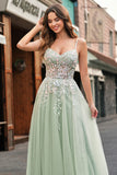 Sage Tulle A-Line Spaghetti Straps Long Prom Dress with Appliques