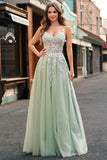 Sage A-Line Spaghetti Straps Tulle Long Prom Dress with Appliques