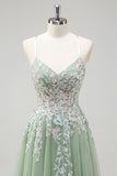 Sage A-Line Spaghetti Straps Tulle Long Prom Dress with Appliques