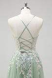 Sage A-Line Spaghetti Straps Tulle Long Prom Dress with Appliques