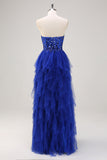 Sparkly Royal Blue A-Line Strapless Sequin Ruffles Tulle Long Prom Dress with Slit