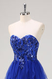 Sparkly Royal Blue A-Line Strapless Sequin Ruffles Tulle Long Prom Dress with Slit