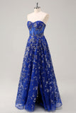 Royal Blue A Line Strapless Appliques Corset Long Prom Dress with Slit