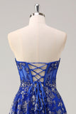 Royal Blue A Line Strapless Appliques Corset Long Prom Dress with Slit