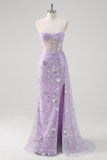 Light Purple Mermaid Strapless Corset Sequin Prom Dress With Slit