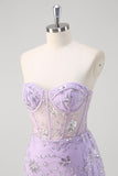 Light Purple Mermaid Strapless Corset Sequin Prom Dress With Slit