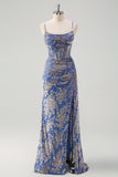 Blue Burnout Floral Corset Bridesmaid Dress with Slit