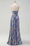 Blue Burnout Floral Corset Bridesmaid Dress with Slit