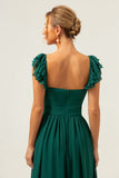 Dark Green A Line V-Neck Ruched Chiffon Long Bridesmaid Dress