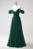 Dark Green A Line V-Neck Chiffon Long Bridesmaid Dress