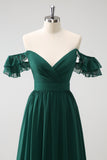 Dark Green A Line V-Neck Chiffon Long Bridesmaid Dress