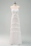 White Spaghetti Straps Mermaid Long Wedding Dress with Ruffles